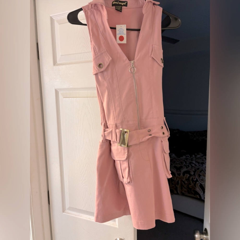Pink Sleeveless Denim Dress with Belt